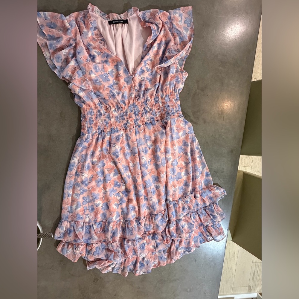 Sugarlips Pastel Floral Flutter Sleeve Smocked Waist Mini Dress (L)